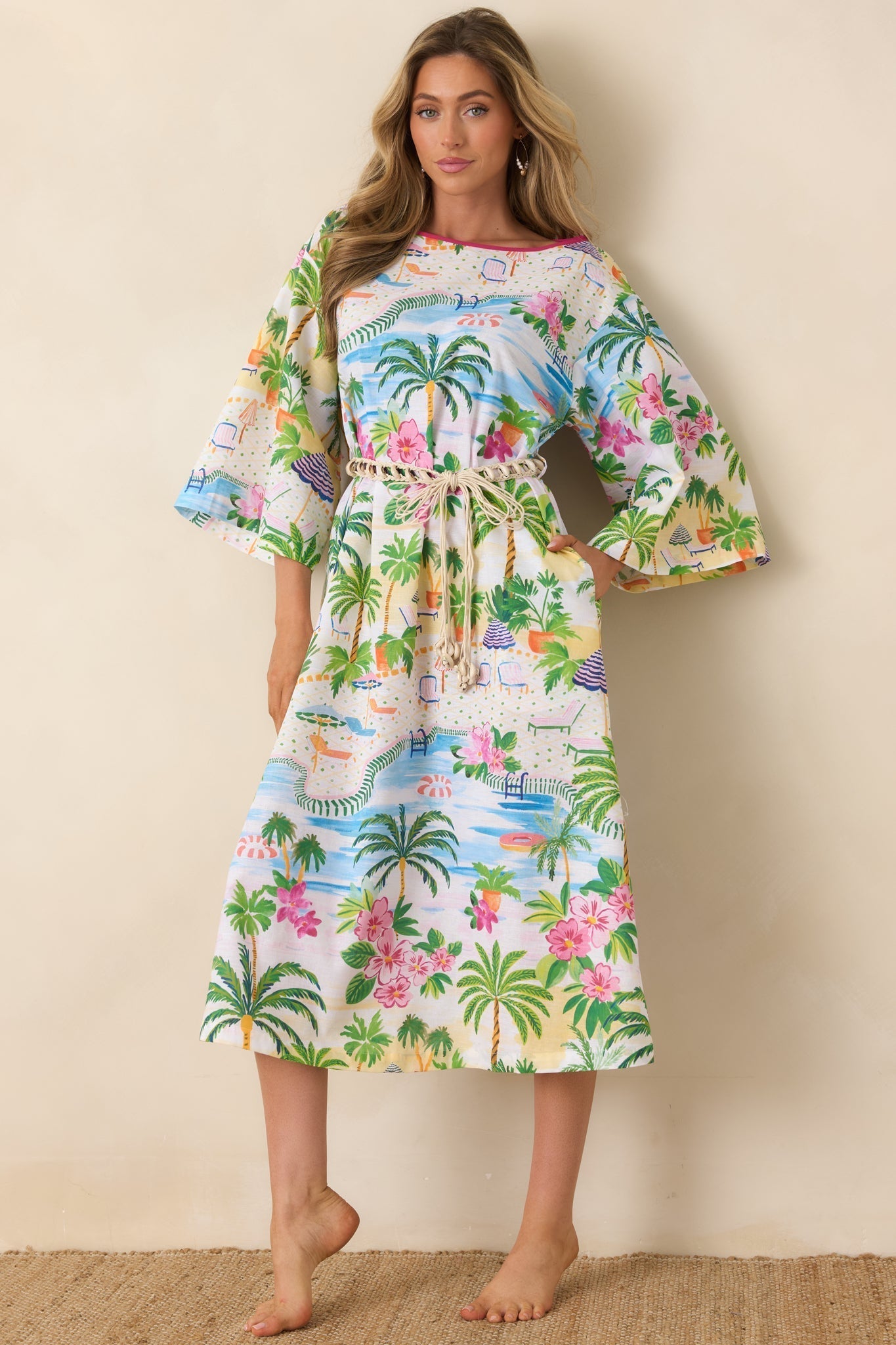 Women's Paradisa Sarasota Pink Multi Cotton Linen Poolside Print Caftan Dress | 55% Linen & 45% Cotton 5