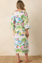Women's Paradisa Sarasota Pink Multi Cotton Linen Poolside Print Caftan Dress | 55% Linen & 45% Cotton 6