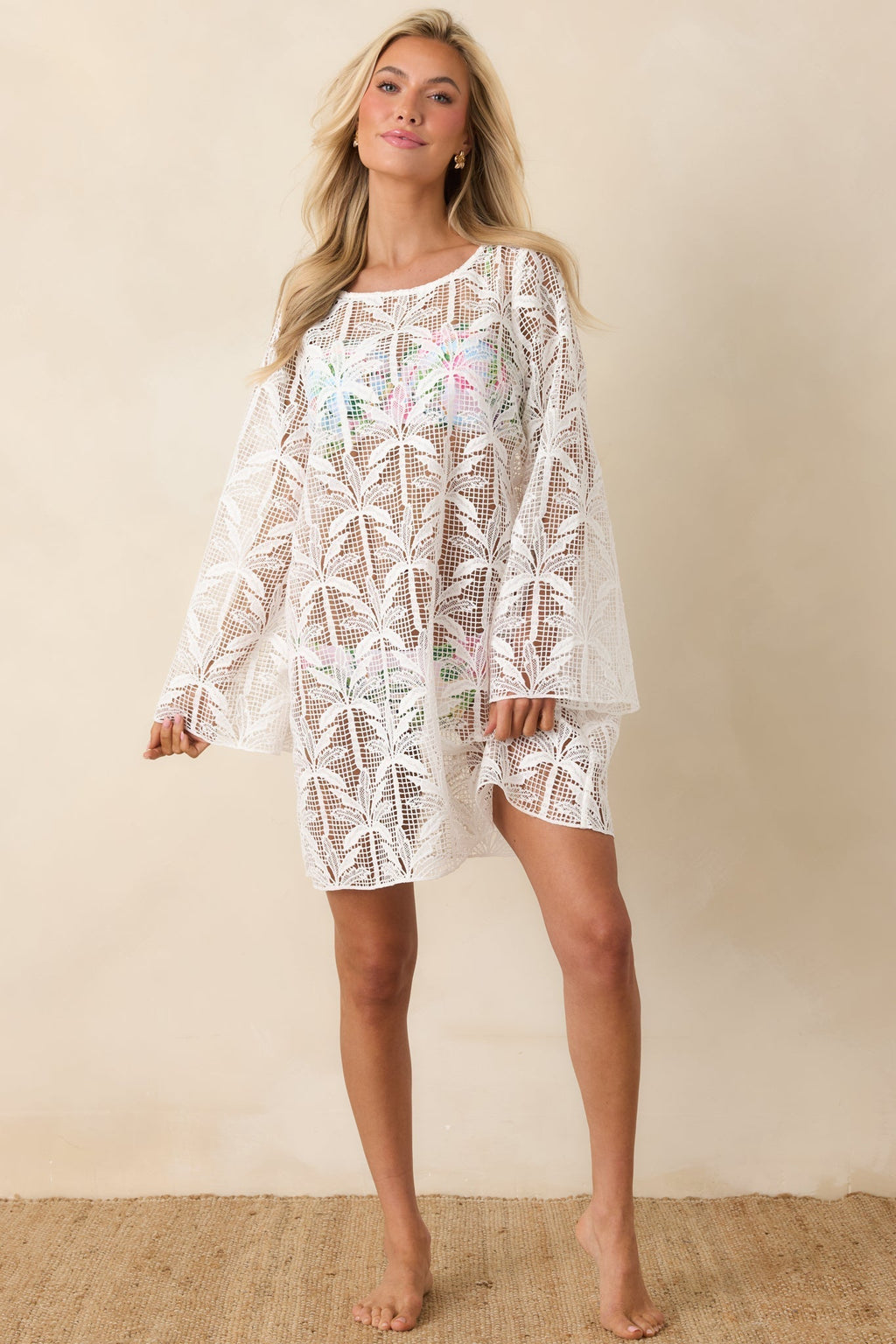 Women's Paradisa Sea La Vie Ivory Sheer Lace Cover Up Mini Dress | 100% Polyester Contrast: 100% Cotton 2