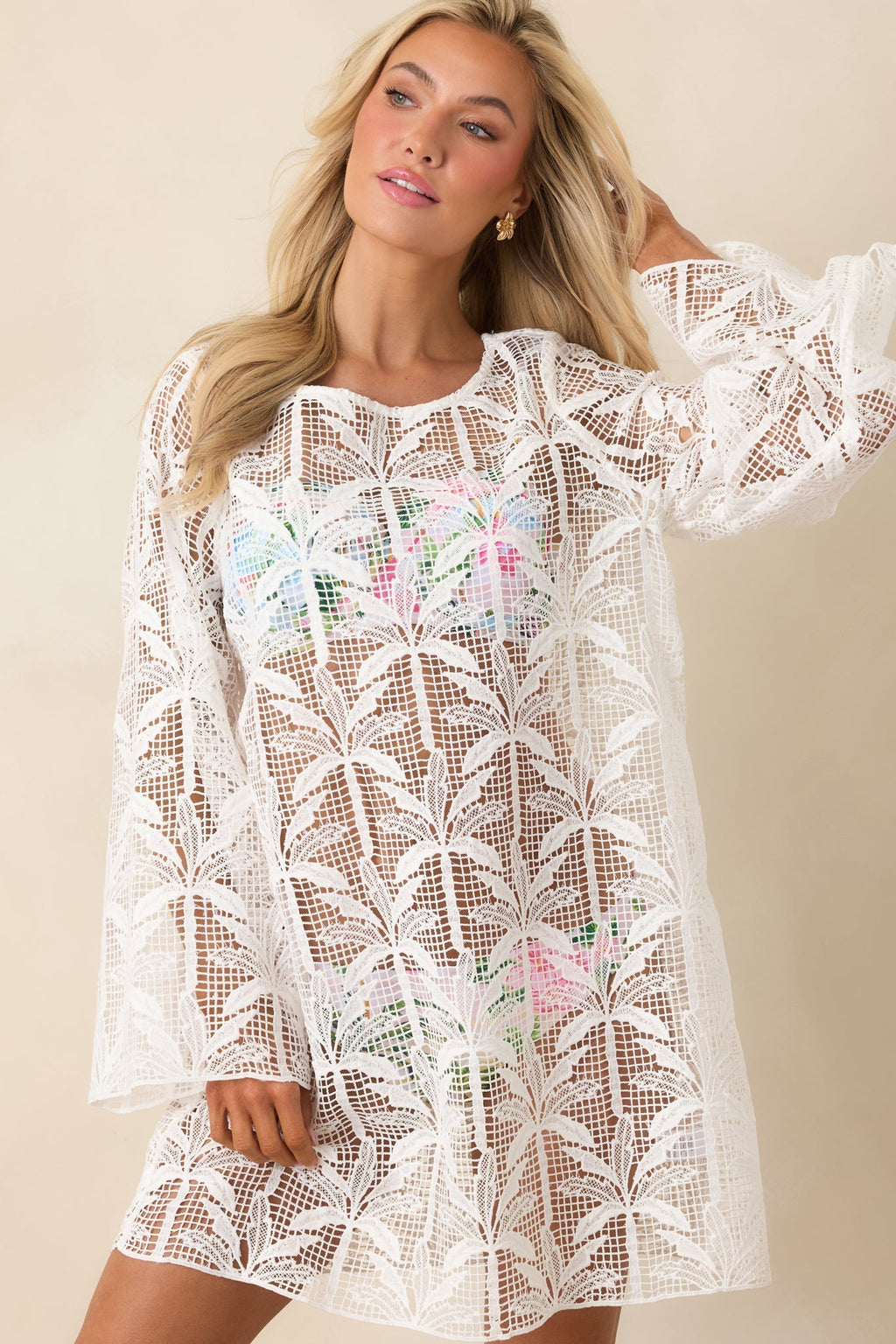 Women's Paradisa Sea La Vie Ivory Sheer Lace Cover Up Mini Dress | 100% Polyester Contrast: 100% Cotton 5