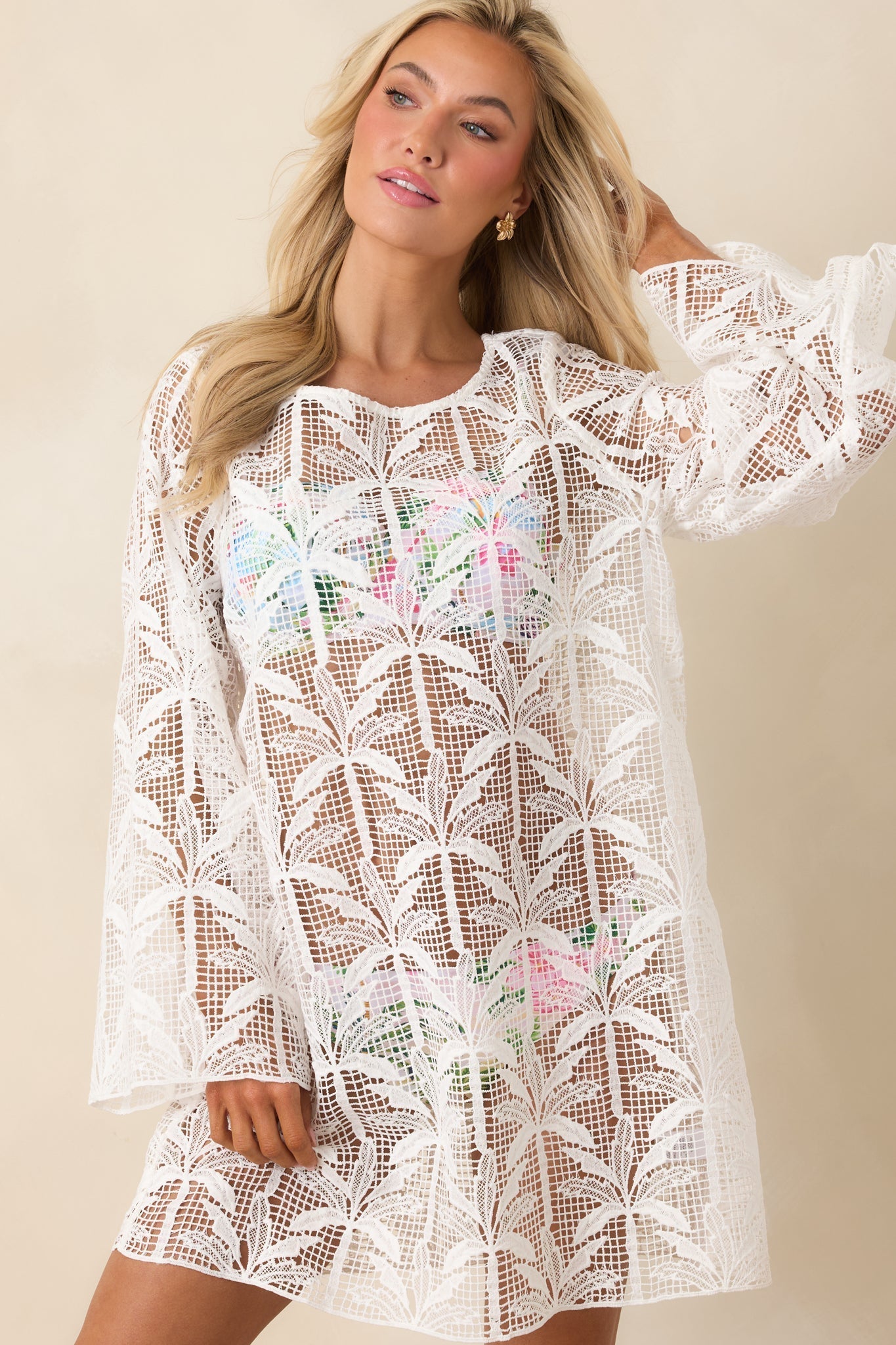 Women's Paradisa Sea La Vie Ivory Sheer Lace Cover Up Mini Dress | 100% Polyester Contrast: 100% Cotton 5
