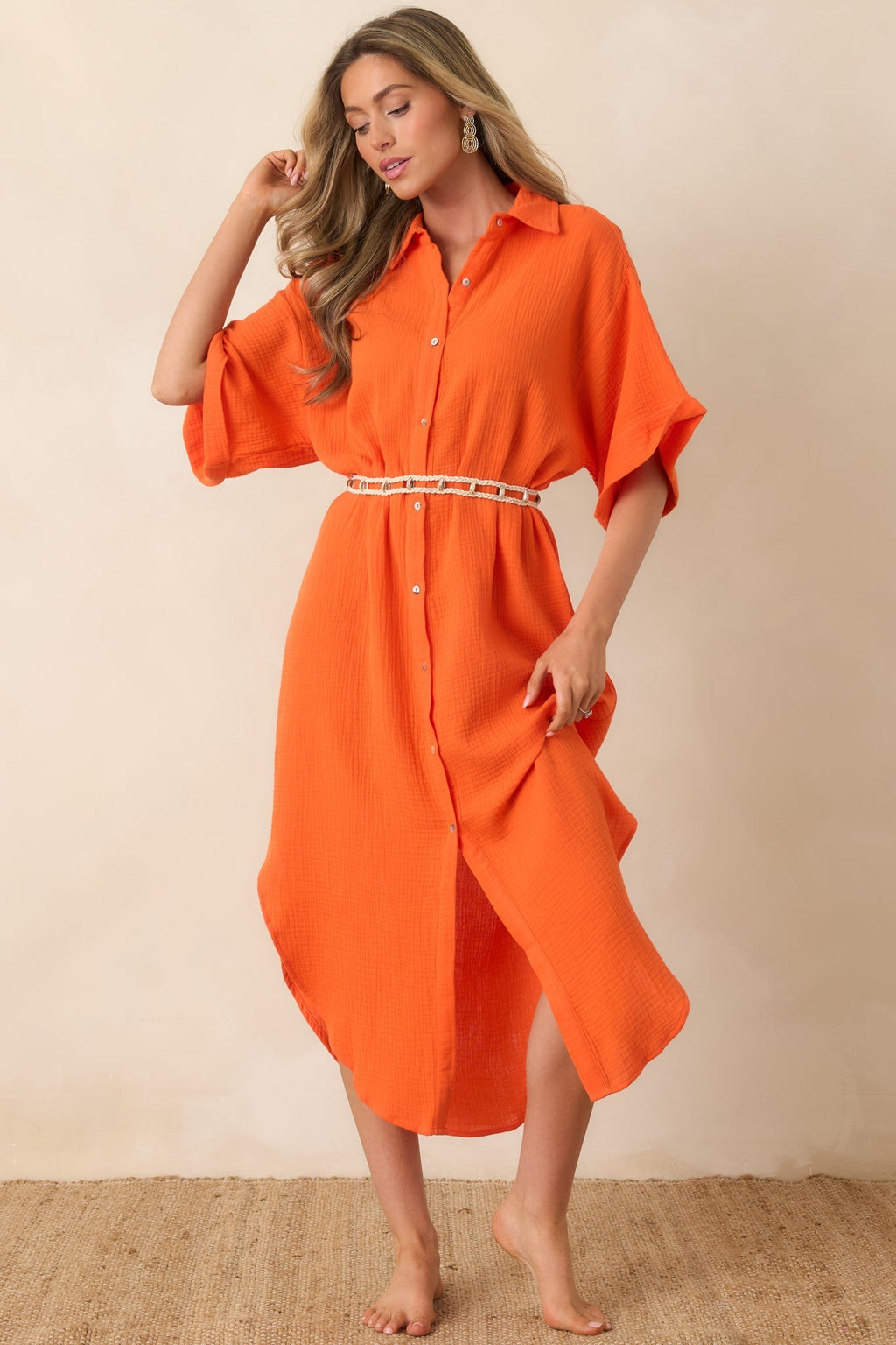 Women's Paradisa St. Augustine Orange Cotton Belted Shirt Dress | 100% Cotton 0