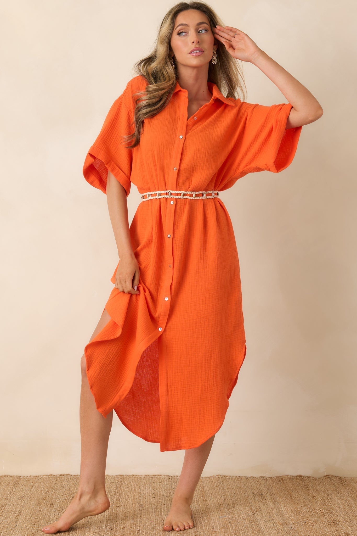 Women's Paradisa St. Augustine Orange Cotton Belted Shirt Dress | 100% Cotton 3