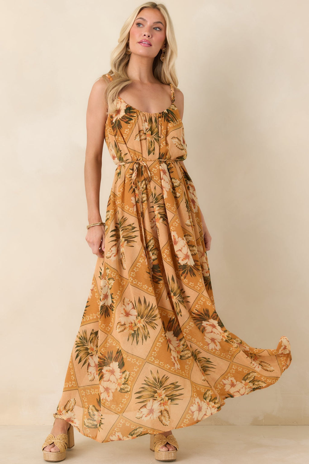 Women's Paradise Calling Peach Multi Tropical Print Beaded Strap Maxi Dress | 100% Polyester 0