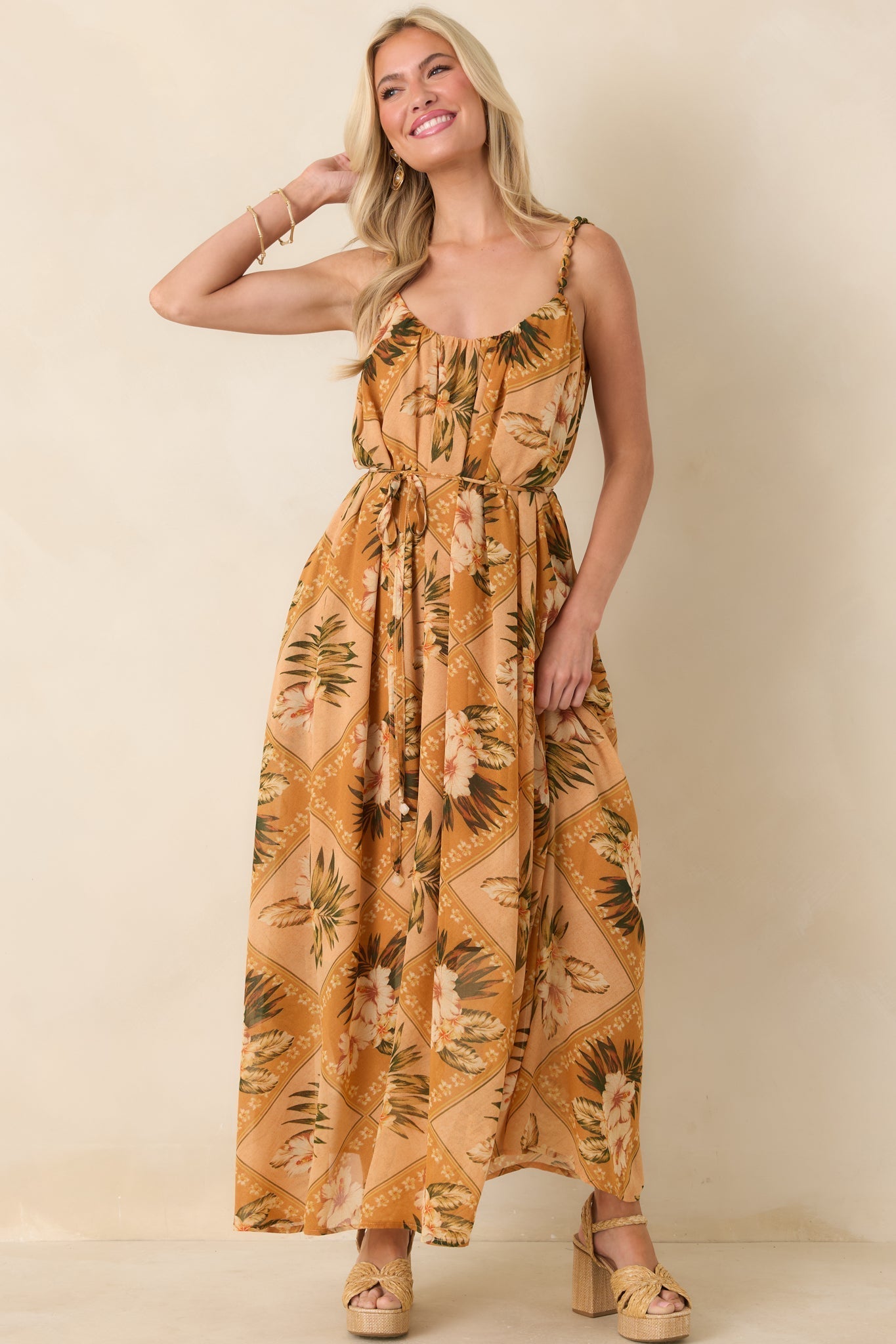 Women's Paradise Calling Peach Multi Tropical Print Beaded Strap Maxi Dress | 100% Polyester 3