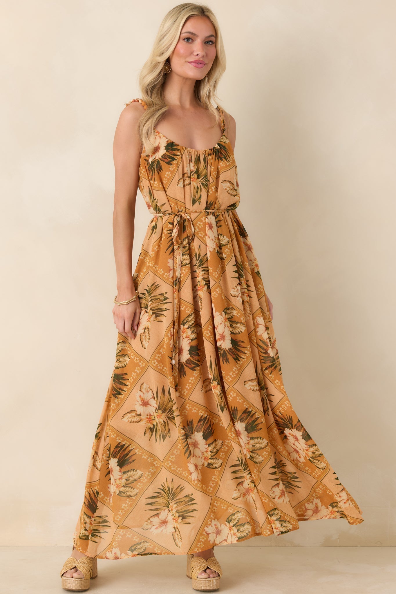 Women's Paradise Calling Peach Multi Tropical Print Beaded Strap Maxi Dress | 100% Polyester 4