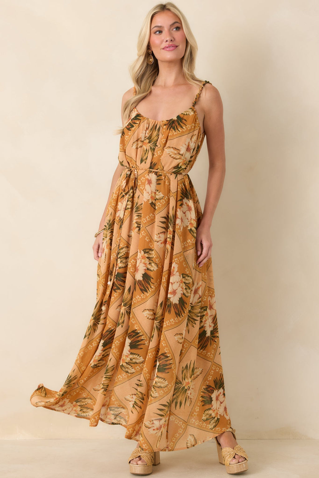Women's Paradise Calling Peach Multi Tropical Print Beaded Strap Maxi Dress | 100% Polyester 5