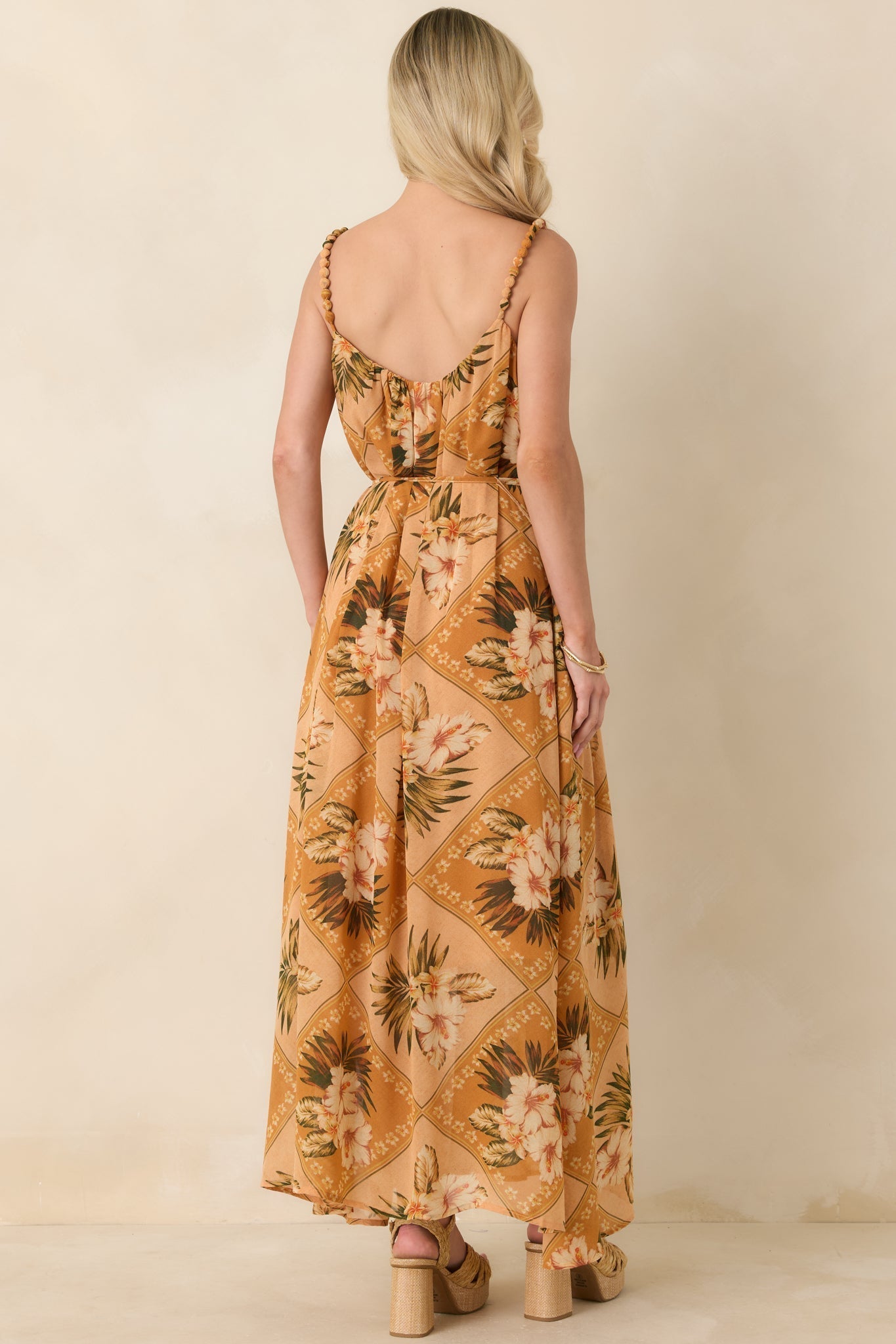 Women's Paradise Calling Peach Multi Tropical Print Beaded Strap Maxi Dress | 100% Polyester 6