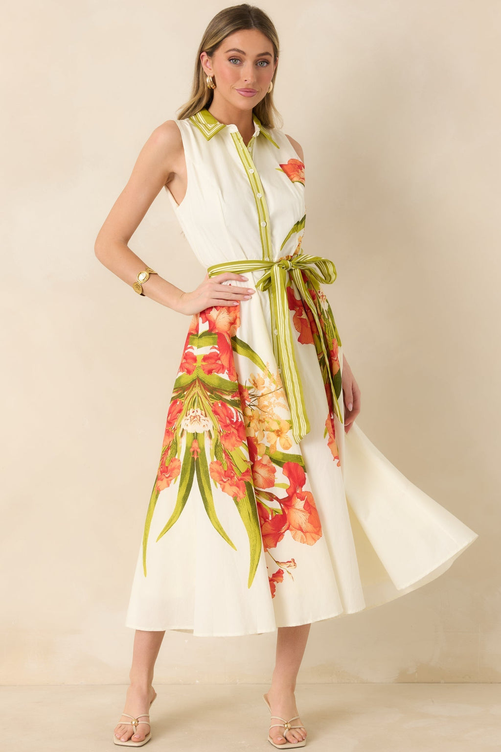 Women's Paradise Garden Ivory Multi Cotton Floral Button Down Maxi Dress | 100% Cotton 5