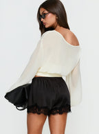 Women's Parisse Satin Lace Trim Shorts Black | Mid-rise satin shorts with lace trim & elasticated 4