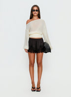 Women's Parisse Satin Lace Trim Shorts Black | Mid-rise satin shorts with lace trim & elasticated 6