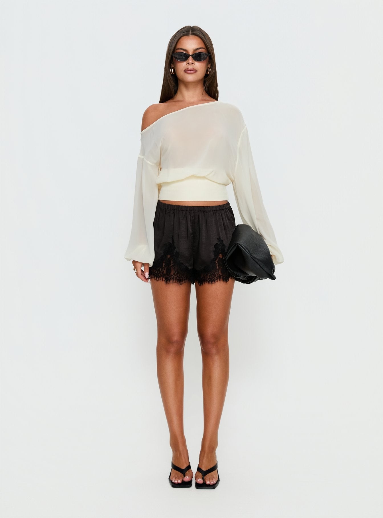 Women's Parisse Satin Lace Trim Shorts Black | Mid-rise satin shorts with lace trim & elasticated 6