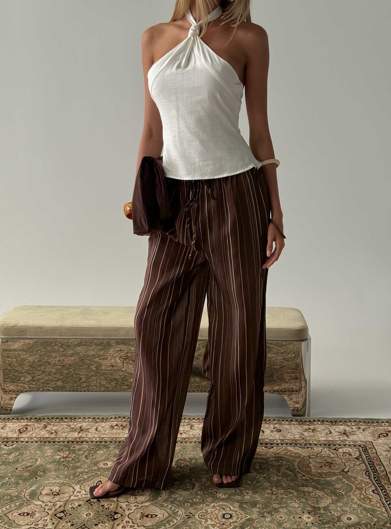 Women's Parklea Pants Brown Multi | Wide leg pants in semi-sheer material with stripe  0