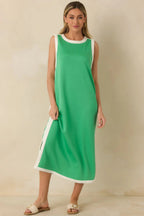 Women's Perfectly Framed Green Jersey Knit Contrast Trim Sleeveless Maxi Dress | 55% Rayon 0