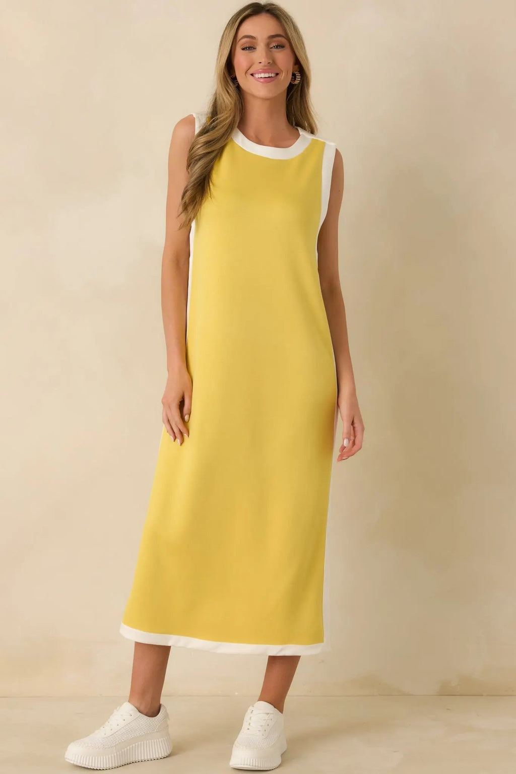 Women's Perfectly Framed Yellow Jersey Knit Contrast Trim Sleeveless Maxi Dress | 55% Rayon 0
