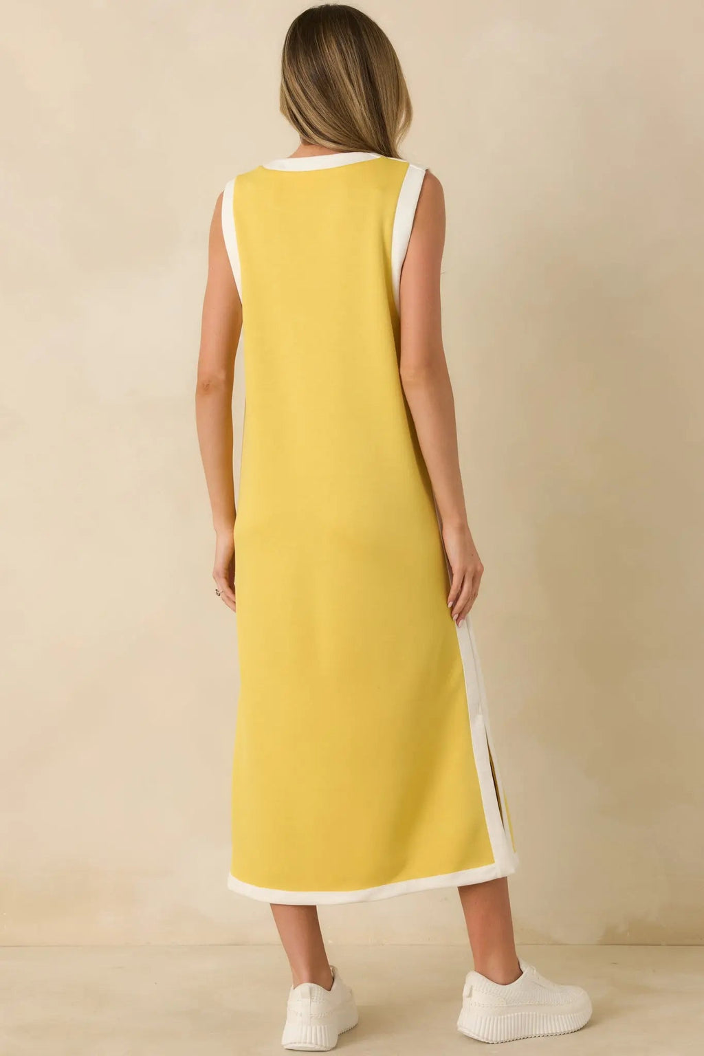 Women's Perfectly Framed Yellow Jersey Knit Contrast Trim Sleeveless Maxi Dress | 55% Rayon 5
