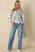 Women's Petals in the Breeze Blue Multi Cotton Floral V-Neck Top | 100% Cotton Contrast: 80% Polyester & 20% Cotton 0