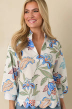 Women's Petals in the Breeze Blue Multi Cotton Floral V-Neck Top | 100% Cotton Contrast: 80% Polyester & 20% Cotton 6
