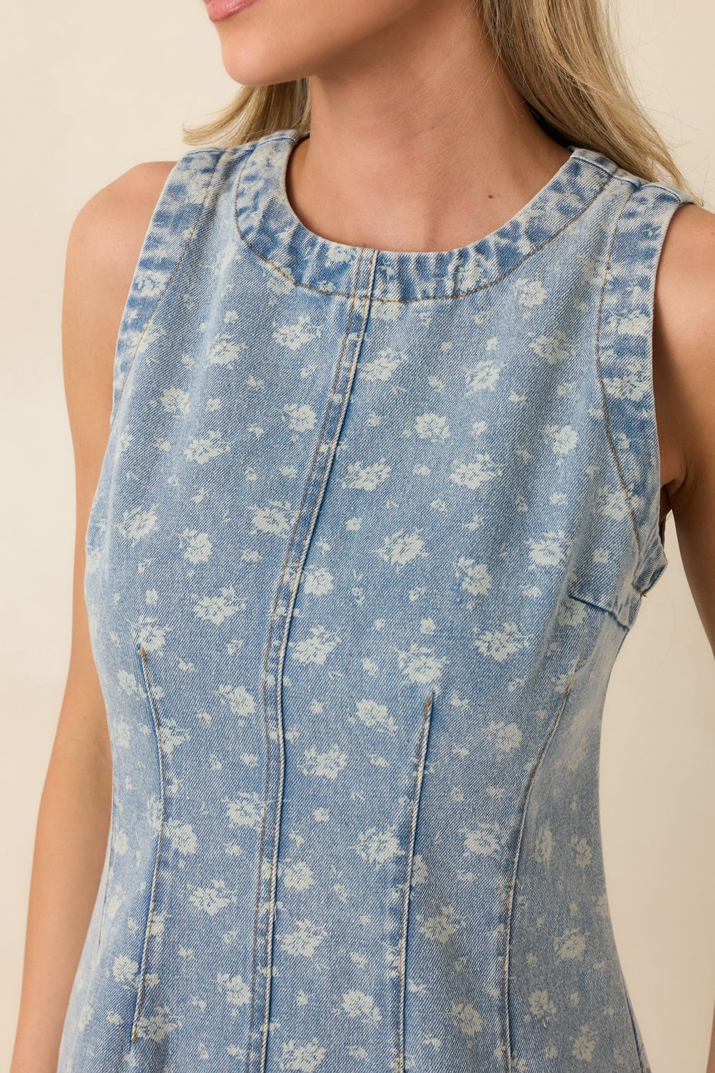 Women's Petals in the Sun Light Wash Floral Print Denim Mini Dress | 55% Cotton 2