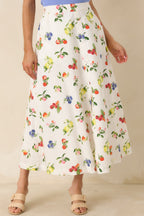 Women's Pick of the Season White Multi Cotton Fruit Print Midi Skirt | 100% Cotton 0