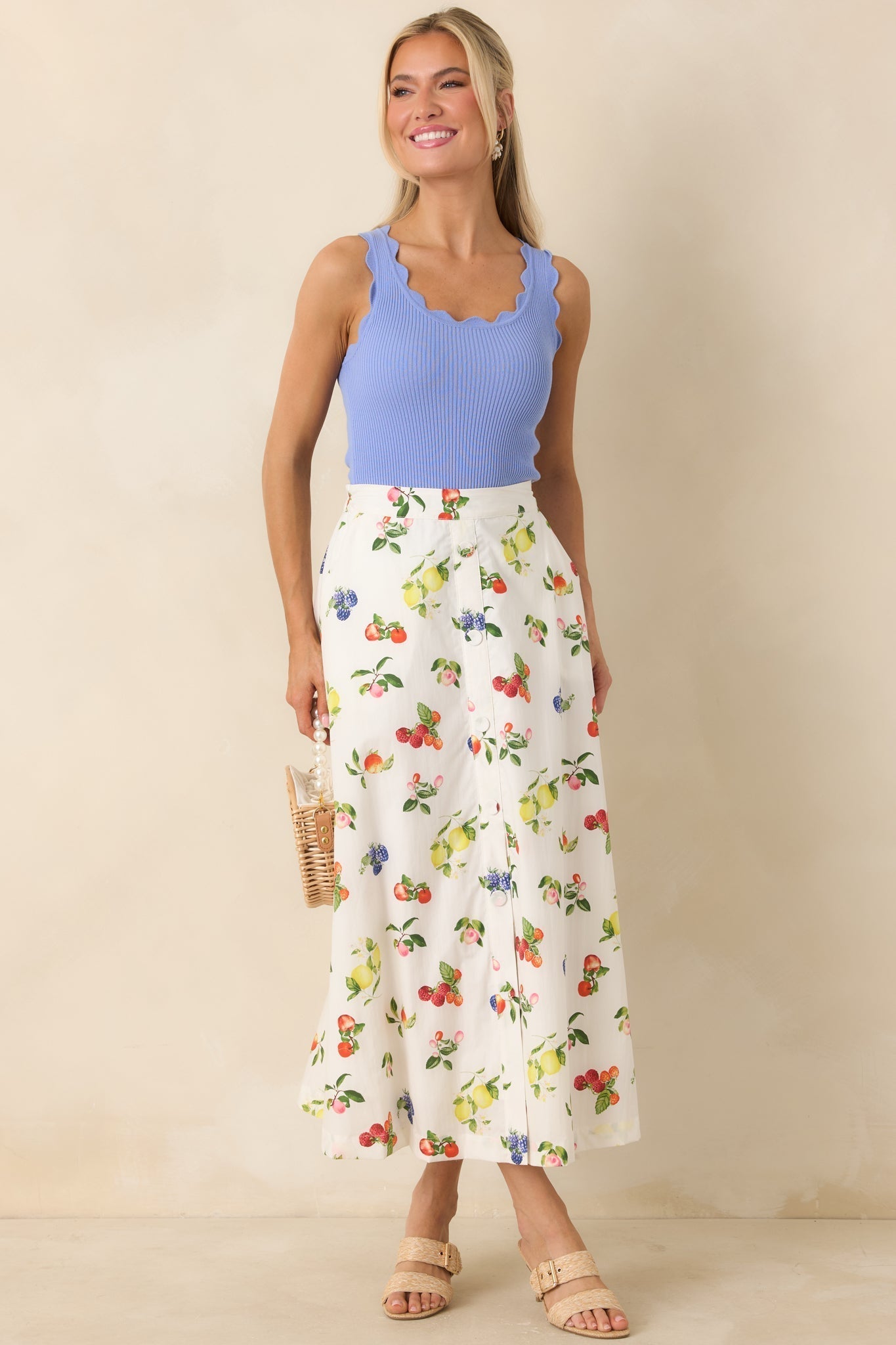 Women's Pick of the Season White Multi Cotton Fruit Print Midi Skirt | 100% Cotton 2