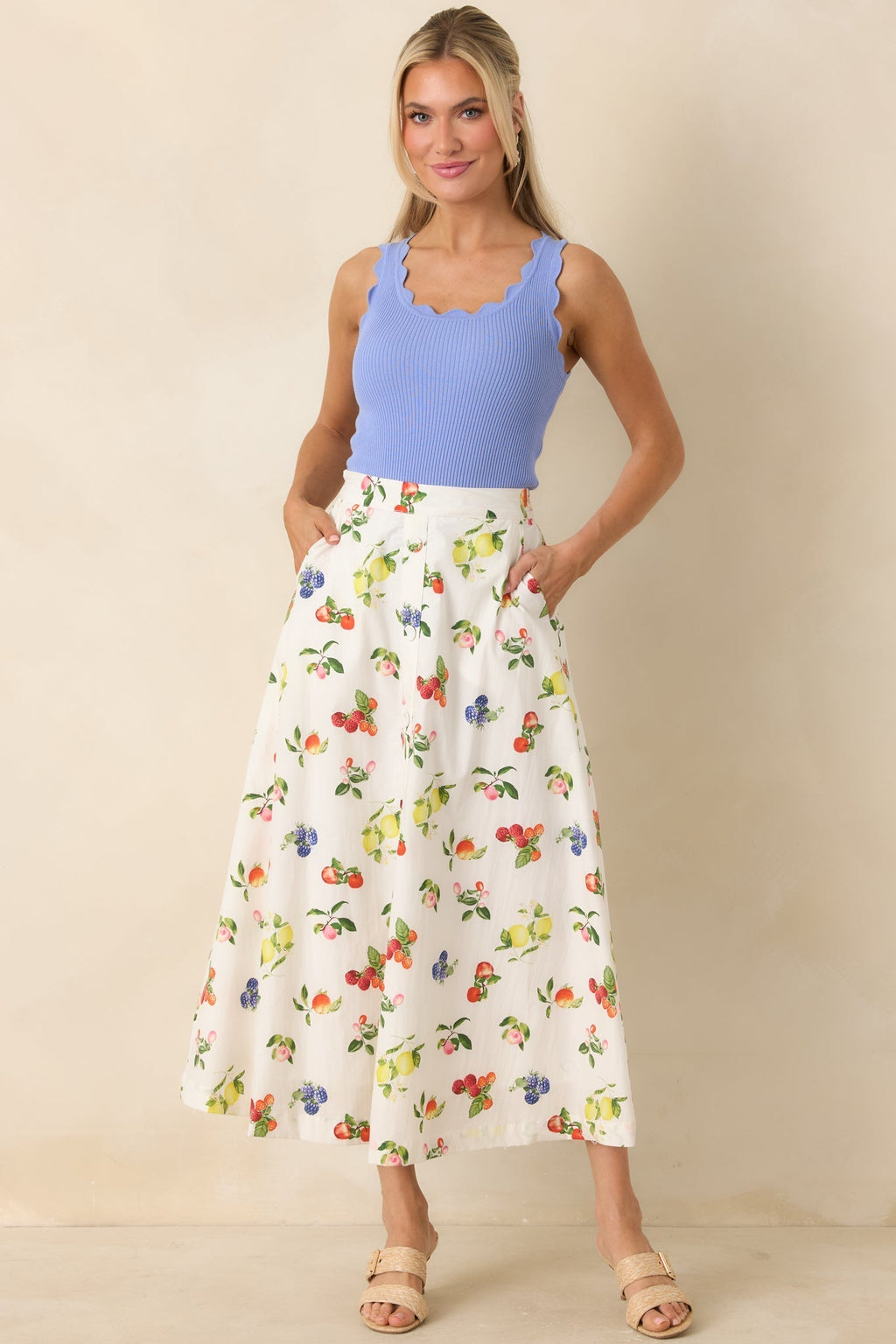 Women's Pick of the Season White Multi Cotton Fruit Print Midi Skirt | 100% Cotton 3