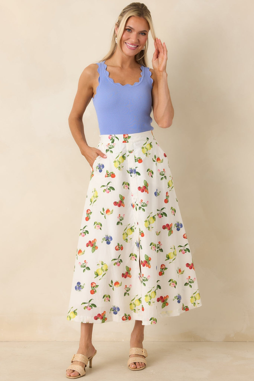 Women's Pick of the Season White Multi Cotton Fruit Print Midi Skirt | 100% Cotton 4