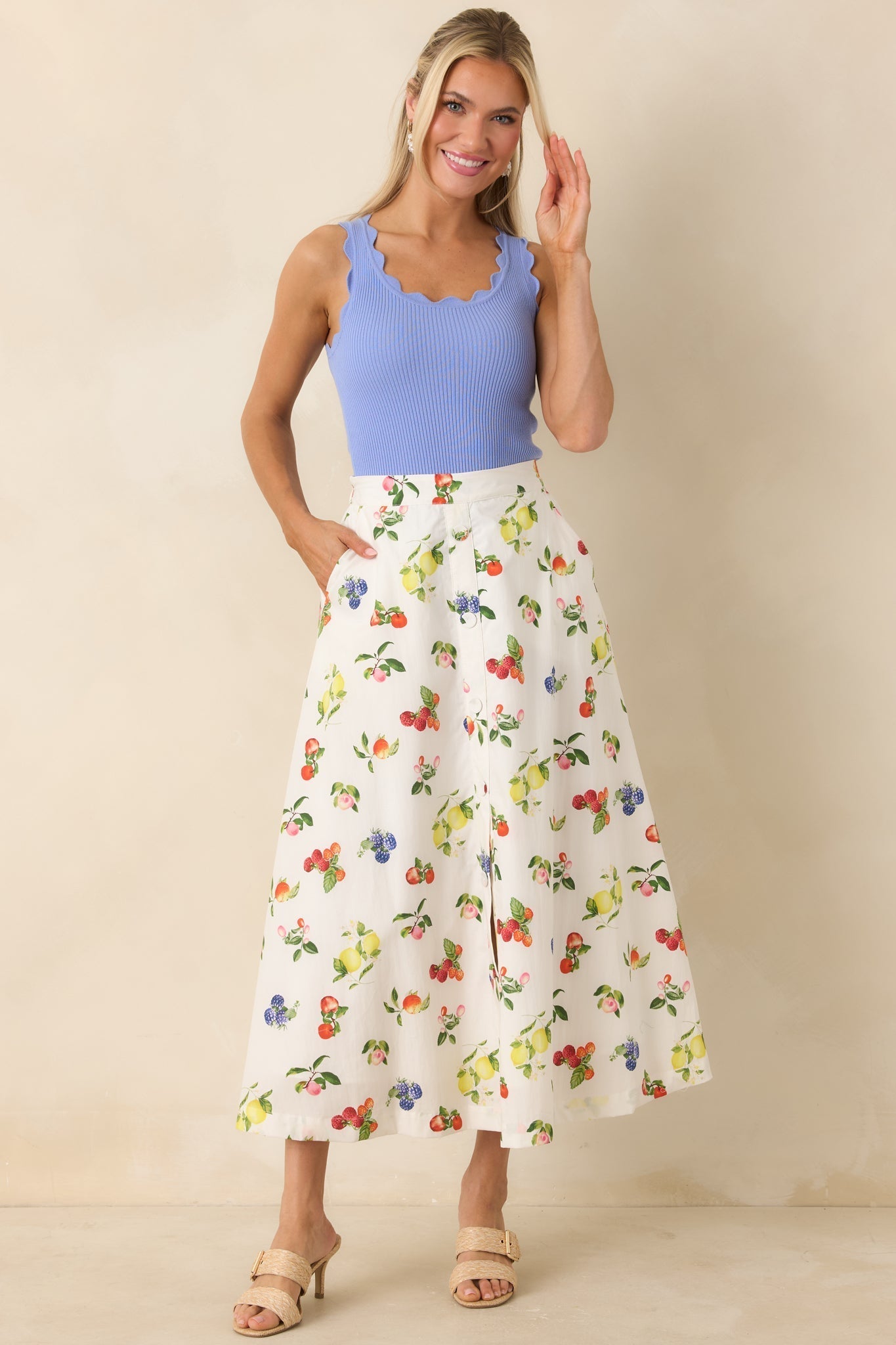Women's Pick of the Season White Multi Cotton Fruit Print Midi Skirt | 100% Cotton 4