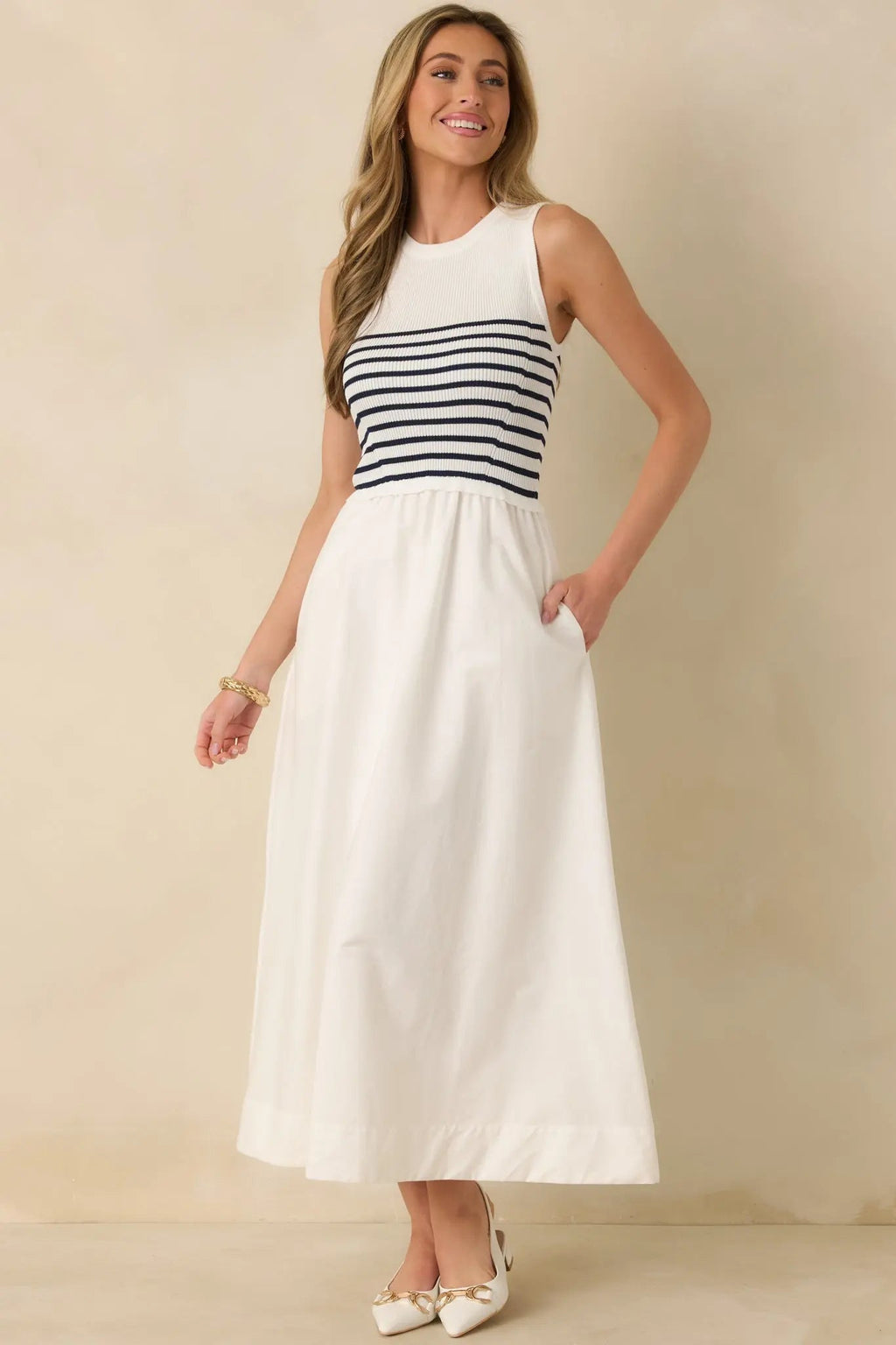Women's Picnic Weather White Stripe Sleeveless Maxi Dress | Self: 70% Viscose & 30% Polyester 0