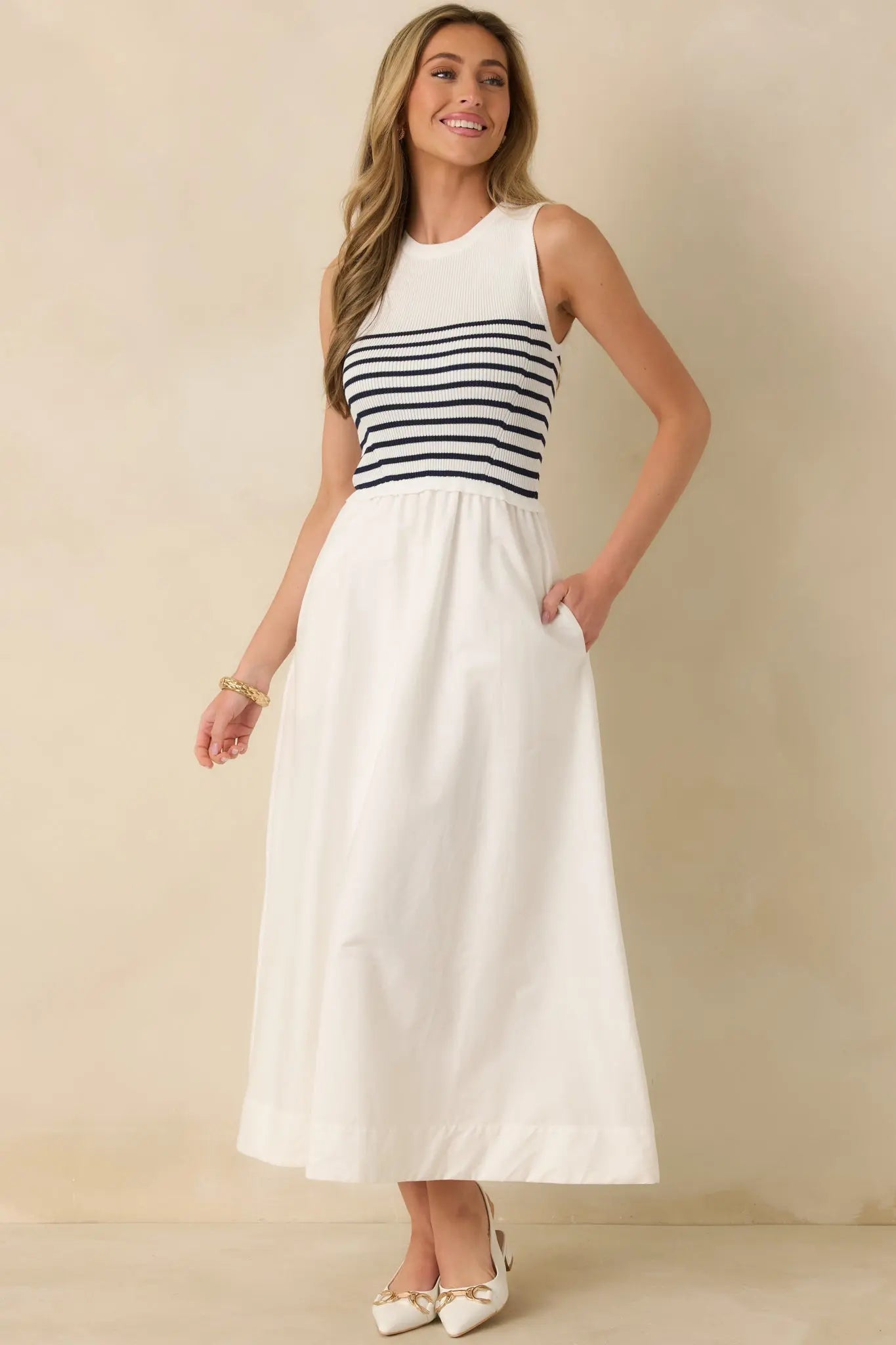 Women's Picnic Weather White Stripe Sleeveless Maxi Dress | Self: 70% Viscose & 30% Polyester 0