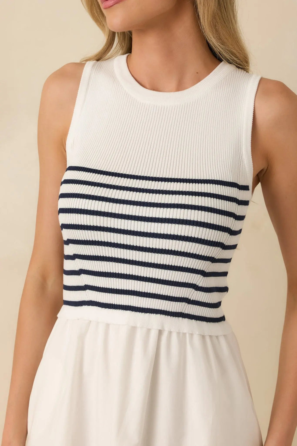 Women's Picnic Weather White Stripe Sleeveless Maxi Dress | Self: 70% Viscose & 30% Polyester 1