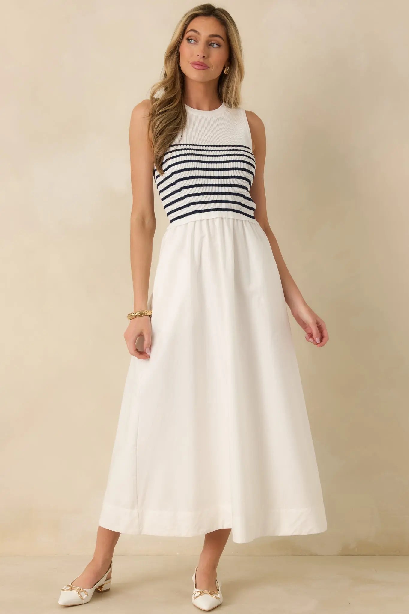Women's Picnic Weather White Stripe Sleeveless Maxi Dress | Self: 70% Viscose & 30% Polyester 2