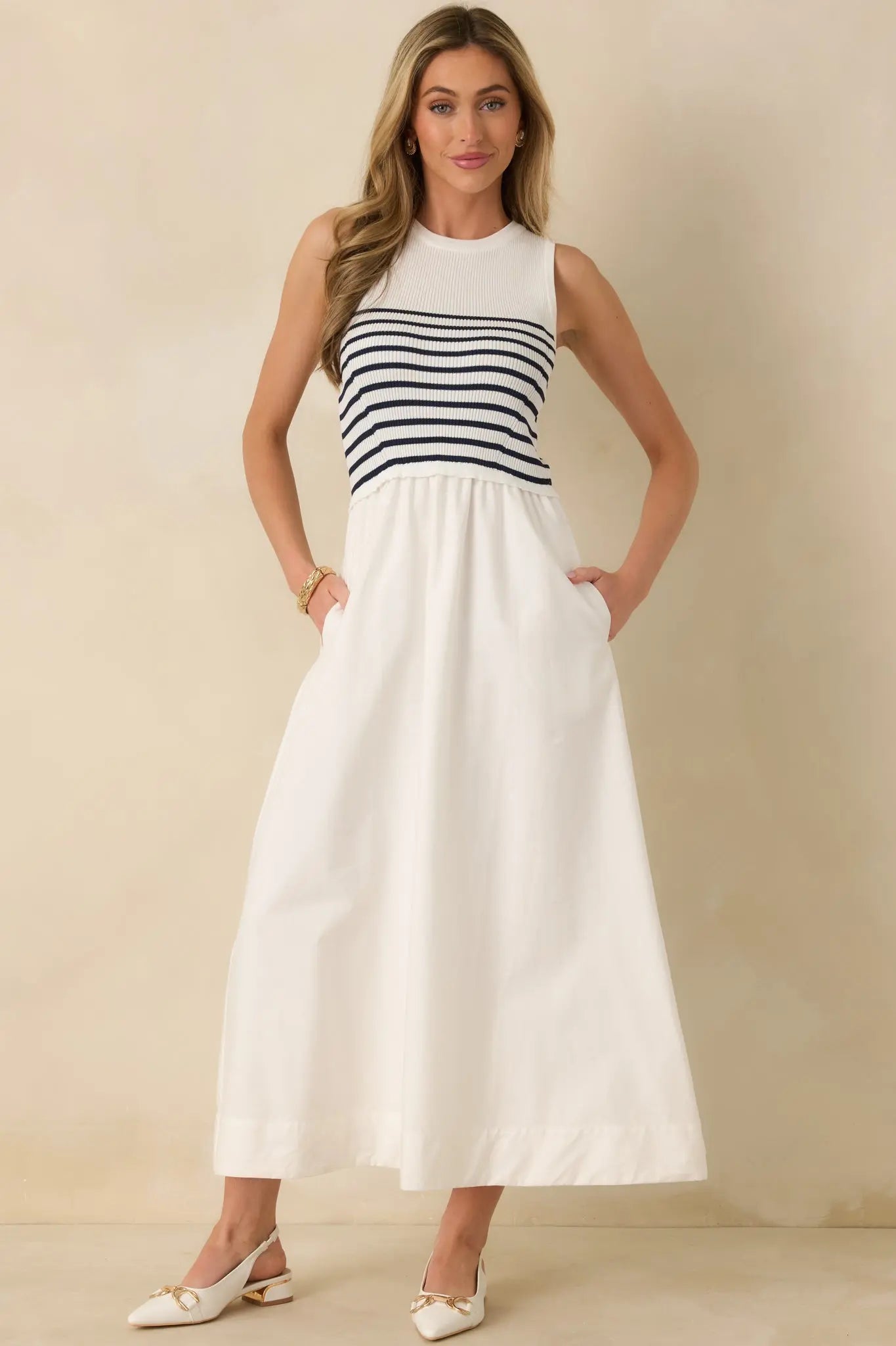 Women's Picnic Weather White Stripe Sleeveless Maxi Dress | Self: 70% Viscose & 30% Polyester 3