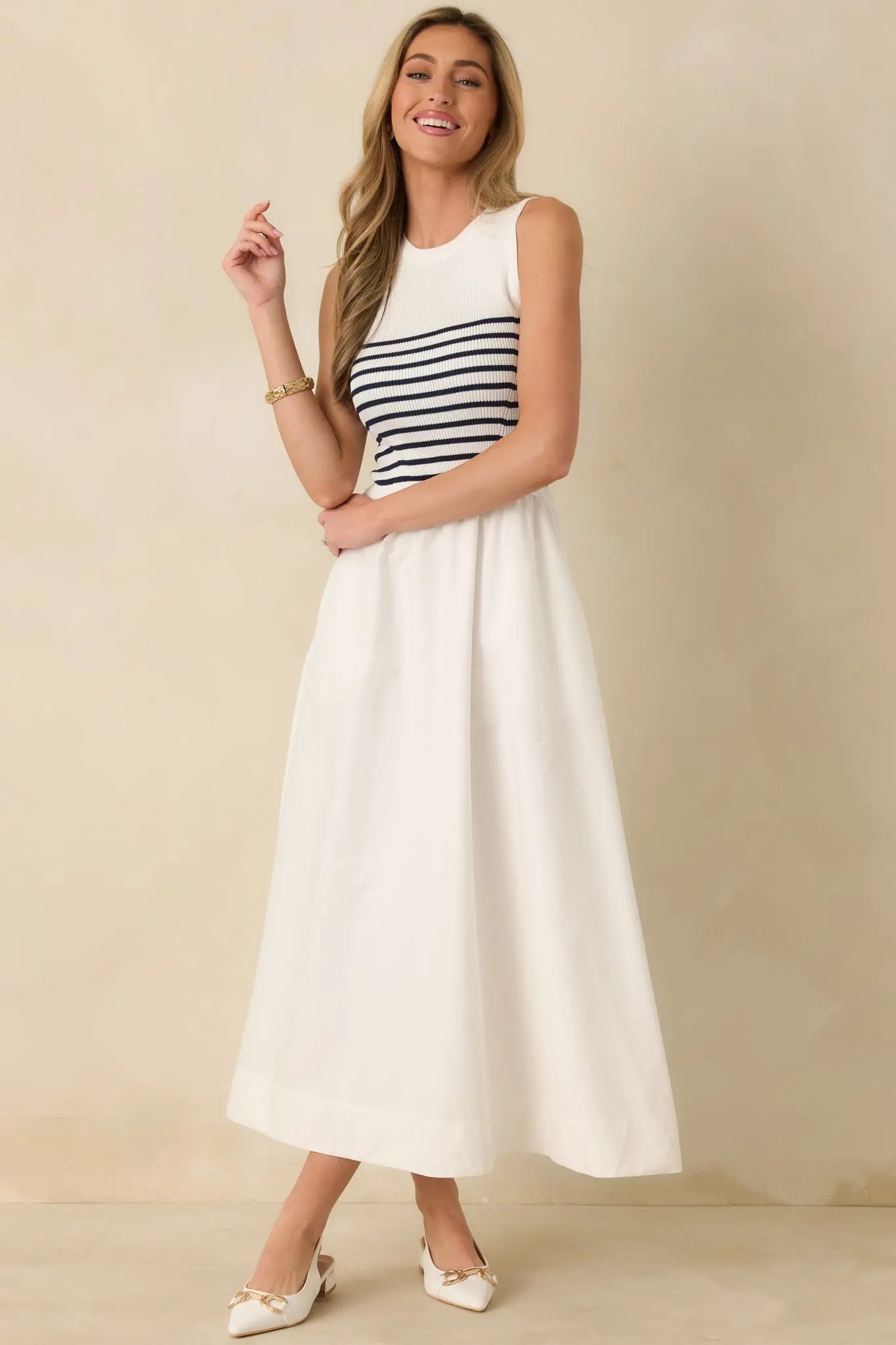 Women's Picnic Weather White Stripe Sleeveless Maxi Dress | Self: 70% Viscose & 30% Polyester 4
