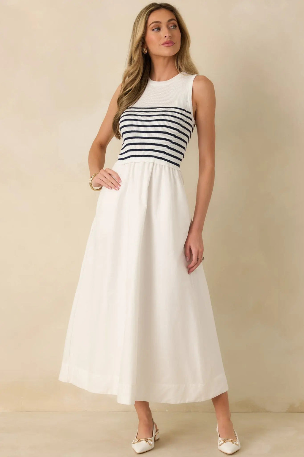 Women's Picnic Weather White Stripe Sleeveless Maxi Dress | Self: 70% Viscose & 30% Polyester 5