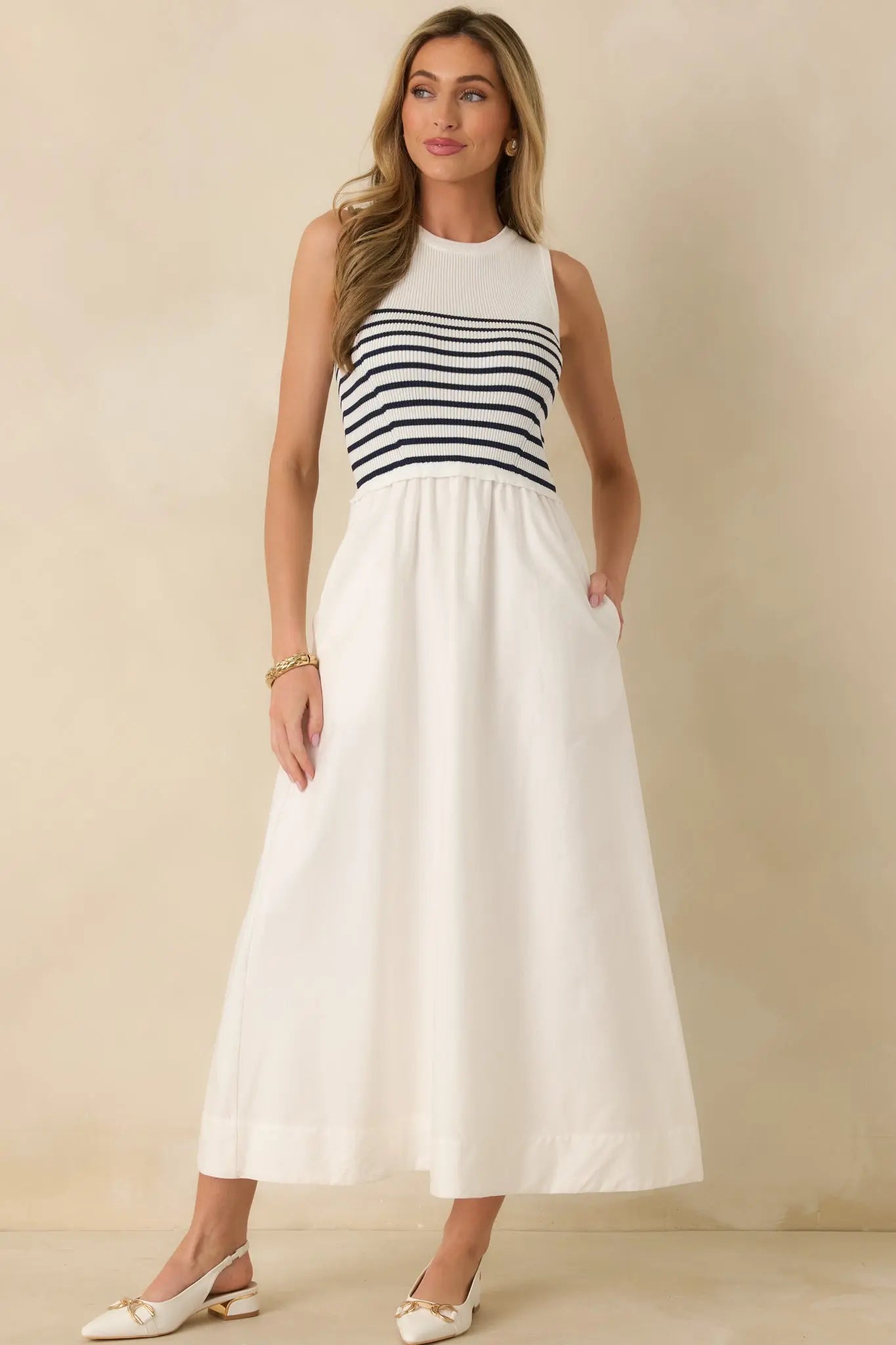 Women's Picnic Weather White Stripe Sleeveless Maxi Dress | Self: 70% Viscose & 30% Polyester 6