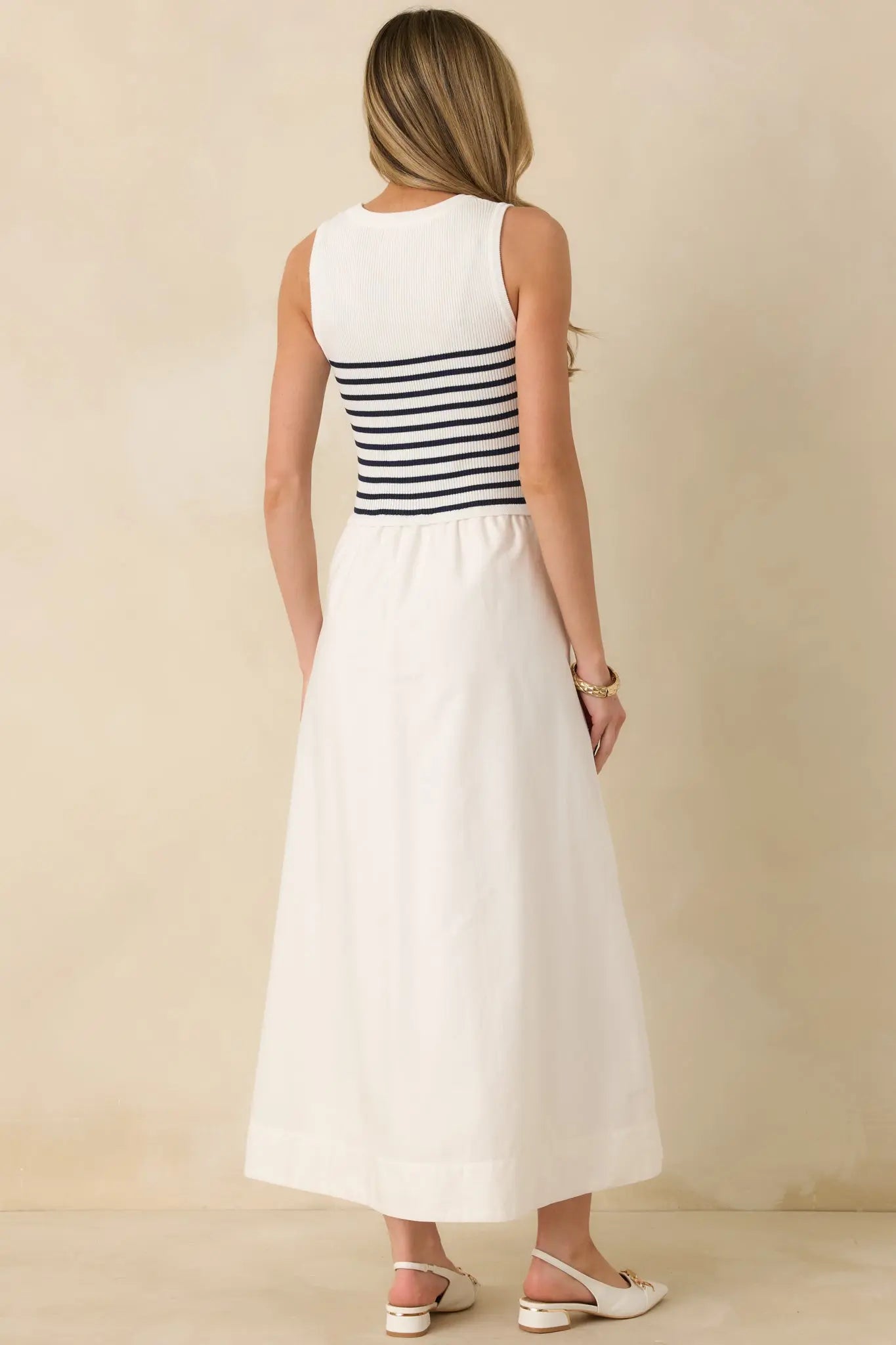 Women's Picnic Weather White Stripe Sleeveless Maxi Dress | Self: 70% Viscose & 30% Polyester 7