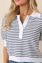 Women's Plans After Work Ivory & Black Stripe Knit Polo Top | 63% Viscose & 37% Nylon 2
