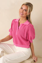 Women's Plans After Work Pink Stripe Knit Polo Top | 63% Viscose & 37% Nylon 0