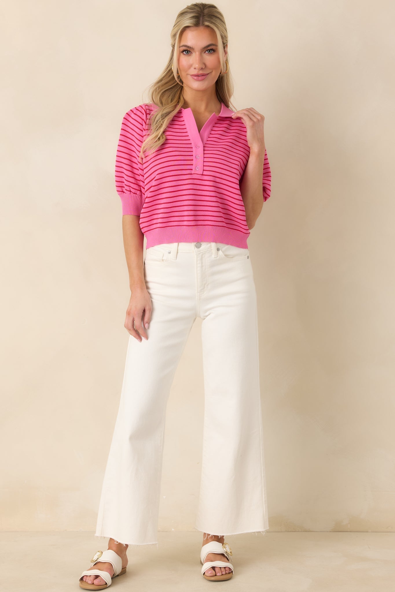Women's Plans After Work Pink Stripe Knit Polo Top | 63% Viscose & 37% Nylon 1