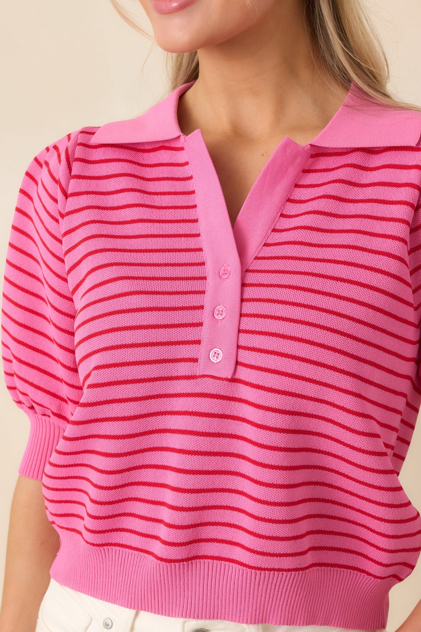 Women's Plans After Work Pink Stripe Knit Polo Top | 63% Viscose & 37% Nylon 2