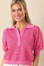 Women's Plans After Work Pink Stripe Knit Polo Top | 63% Viscose & 37% Nylon 3