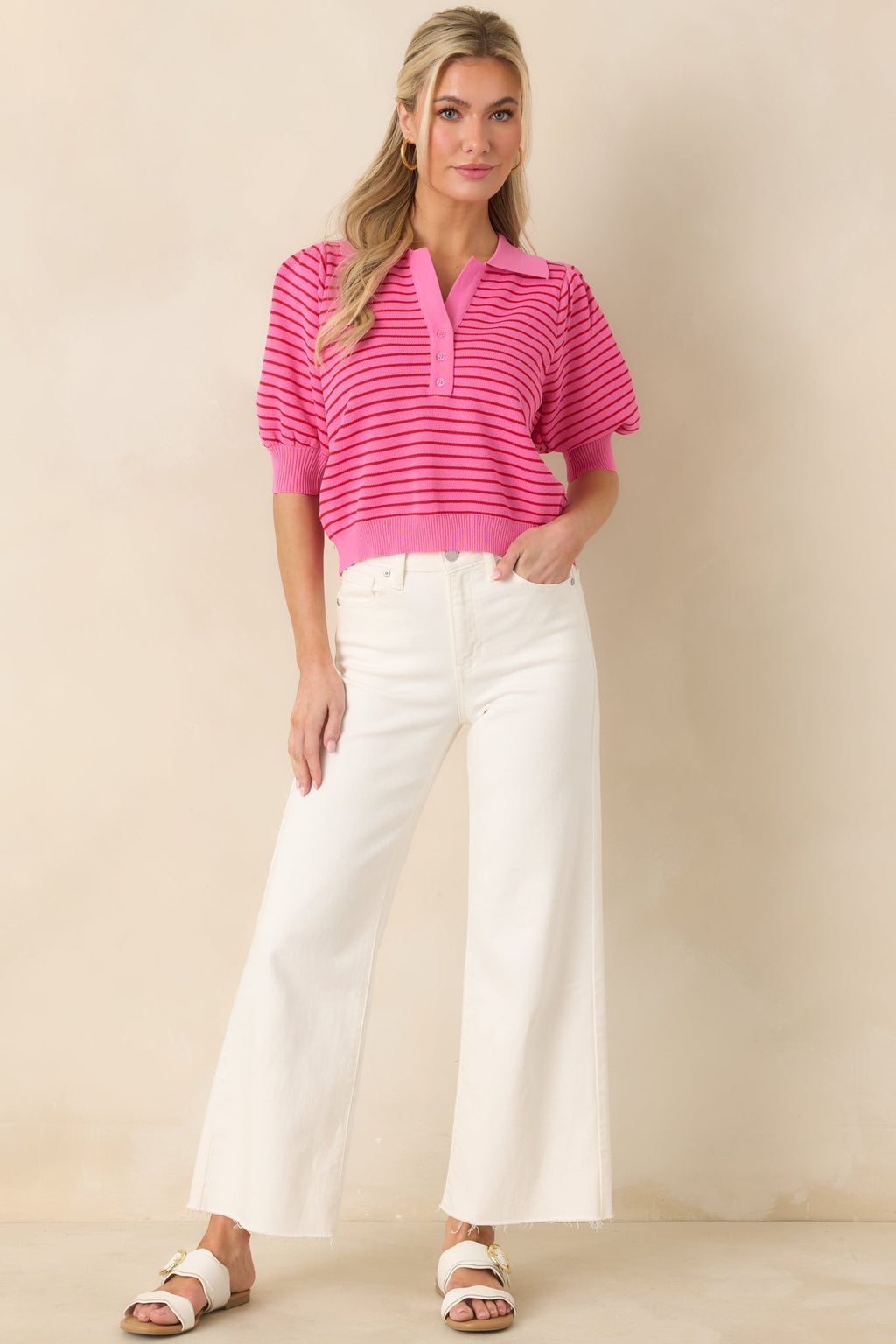 Women's Plans After Work Pink Stripe Knit Polo Top | 63% Viscose & 37% Nylon 4