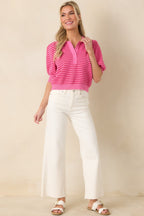 Women's Plans After Work Pink Stripe Knit Polo Top | 63% Viscose & 37% Nylon 5