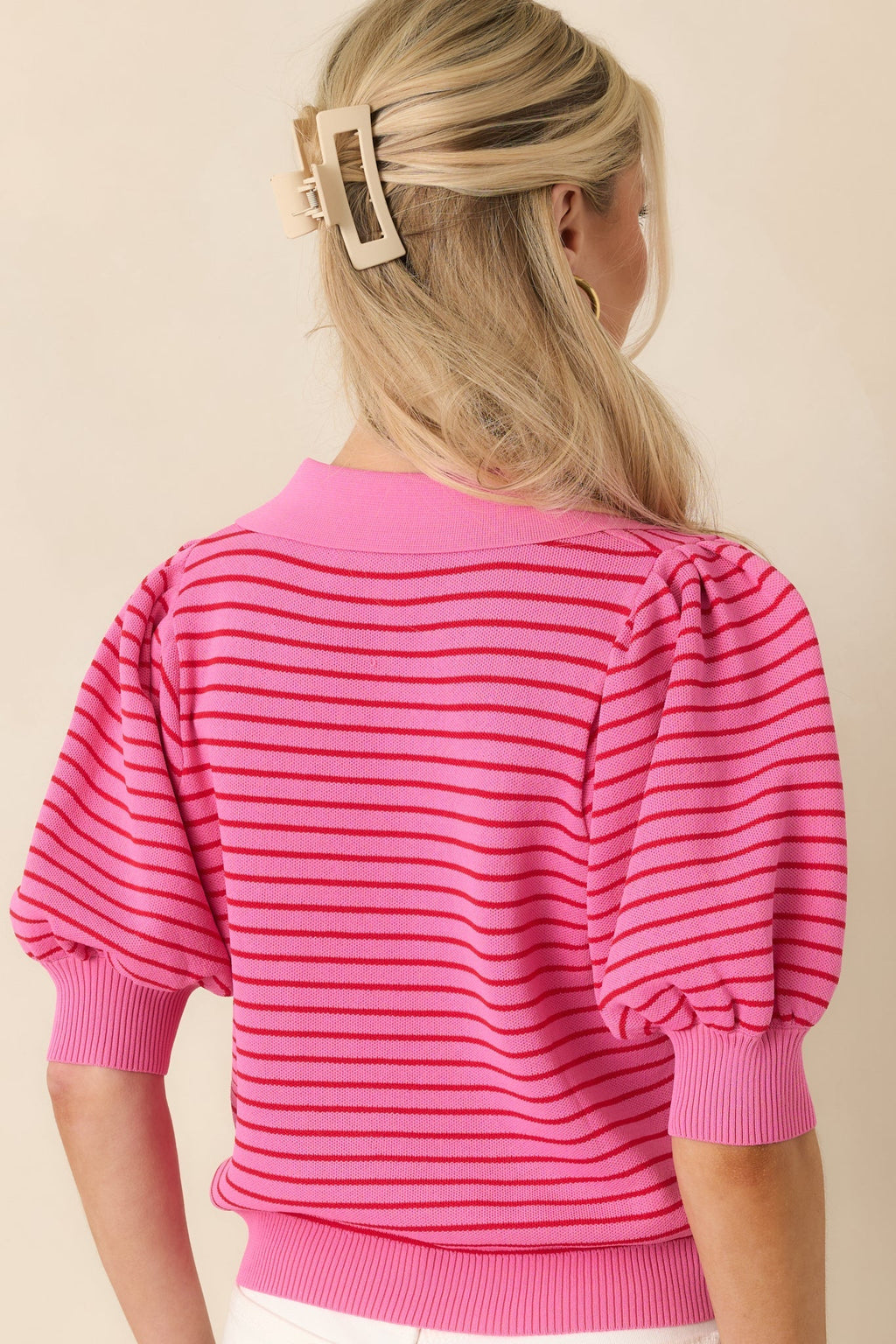 Women's Plans After Work Pink Stripe Knit Polo Top | 63% Viscose & 37% Nylon 7