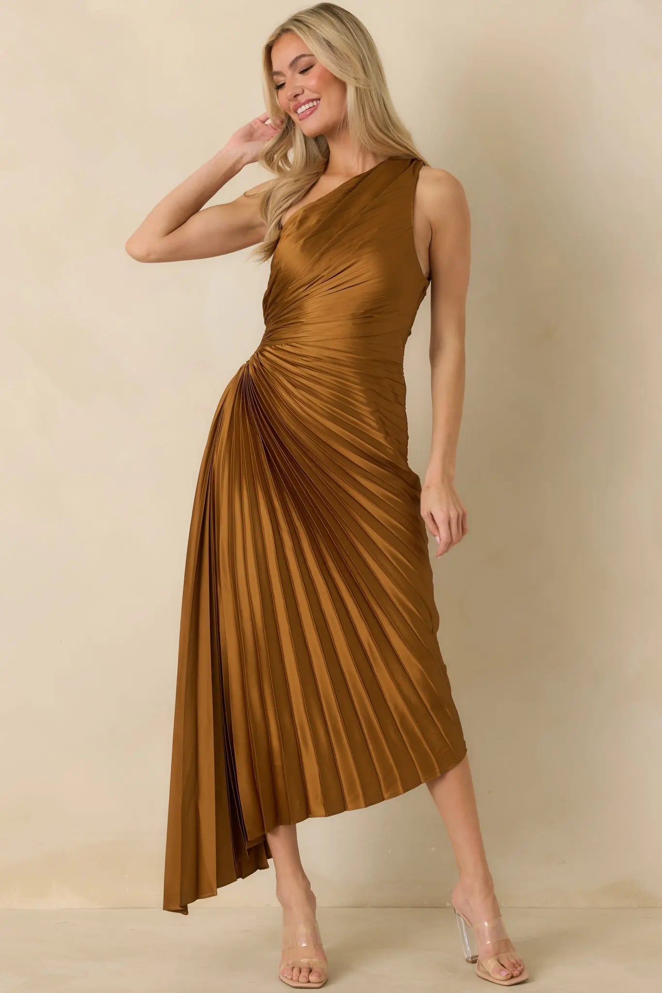 Women's Poetic Charm Bronze Asymmetric One Shoulder Maxi Dress | 100% Polyester 0