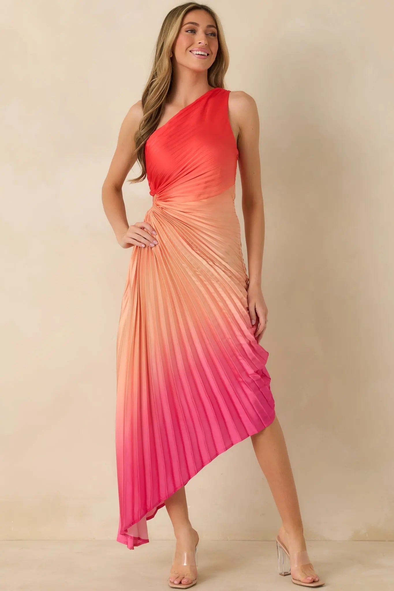 Women's Poetic Charm Coral Pink Ombre Asymmetric One Shoulder Maxi Dress | 100% Polyester 1