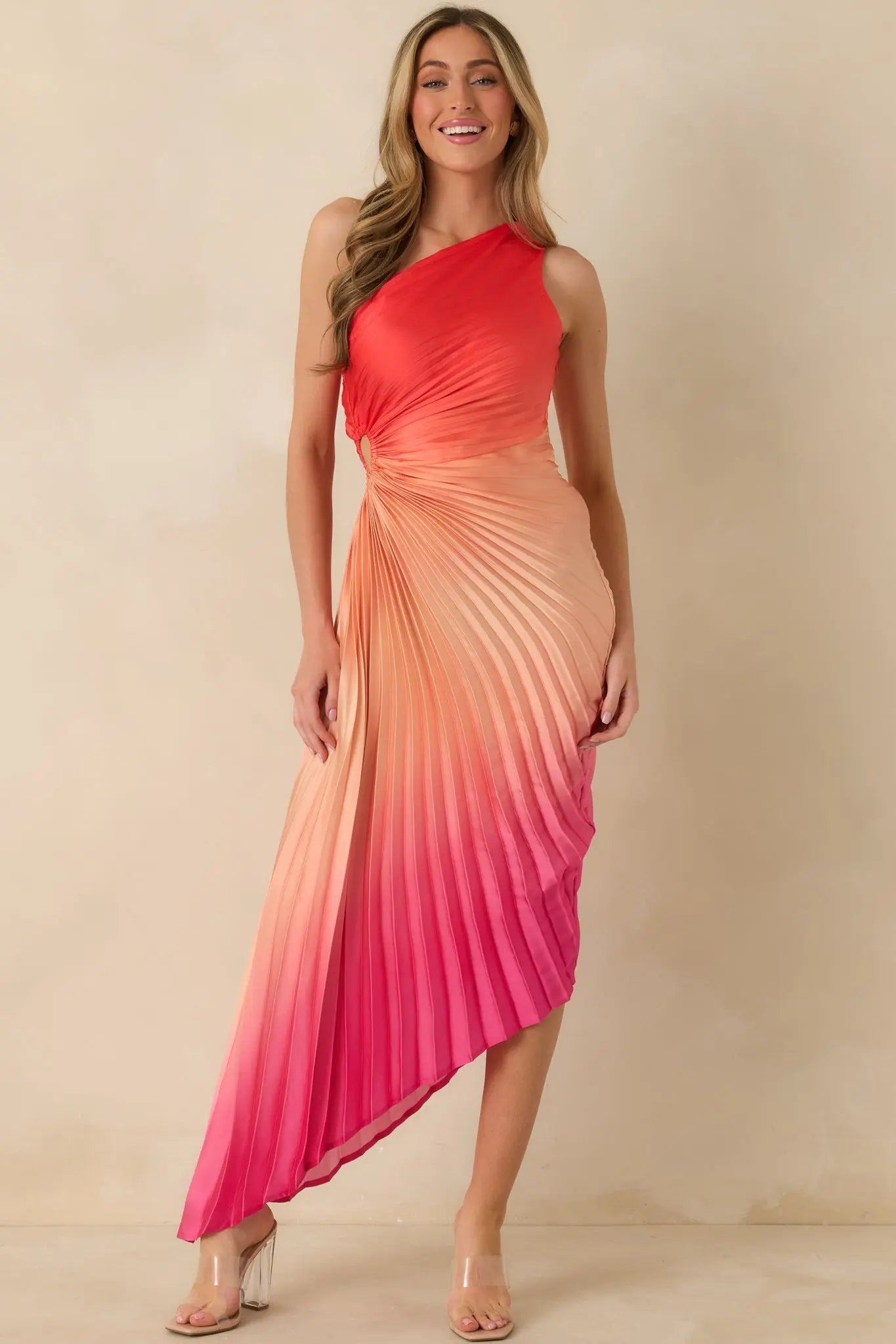 Women's Poetic Charm Coral Pink Ombre Asymmetric One Shoulder Maxi Dress | 100% Polyester 6