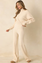 Women's Polished Path Beige Knit Wide Leg Pants | 50% Viscose 1