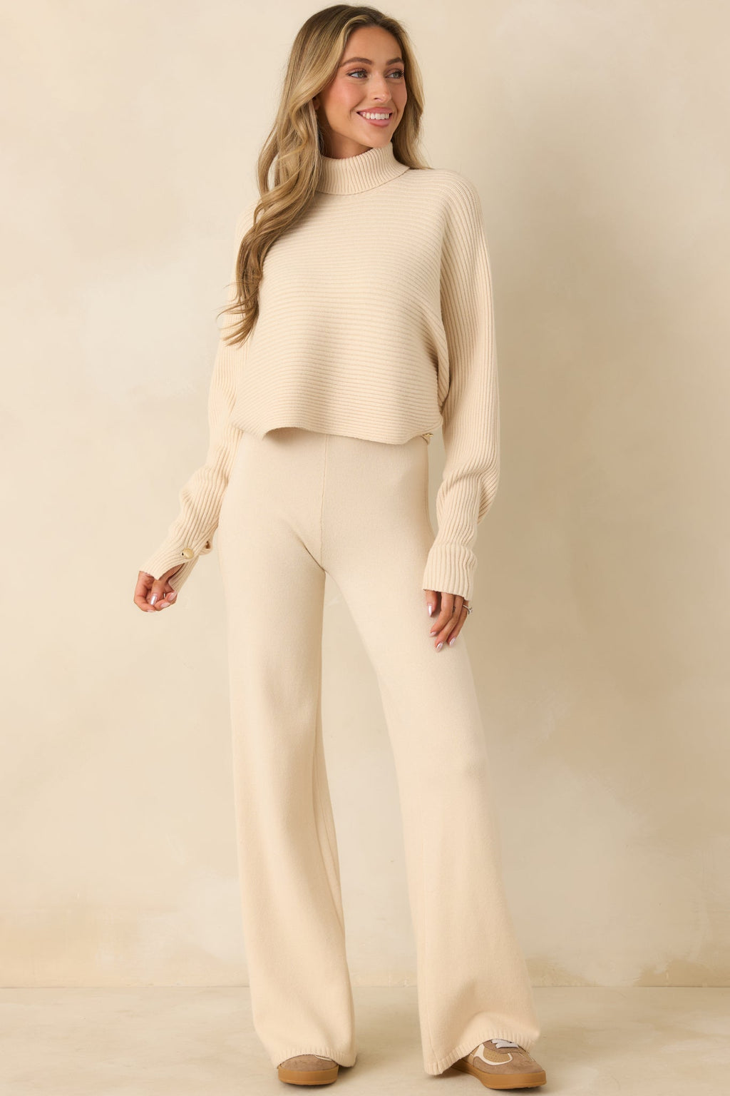 Women's Polished Path Beige Knit Wide Leg Pants | 50% Viscose 2
